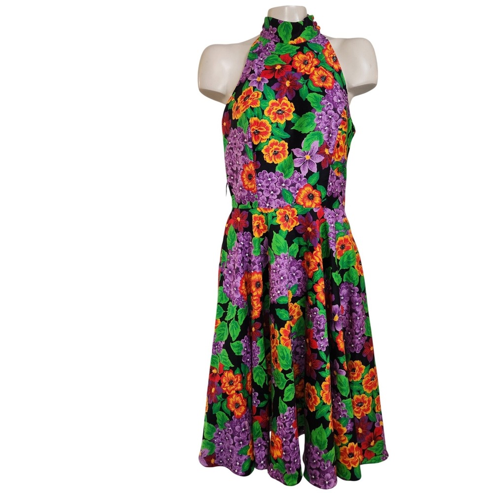AJ Bari Vintage Halter‎ Floral Dress Black Orange Purple Open Back Pockets 12